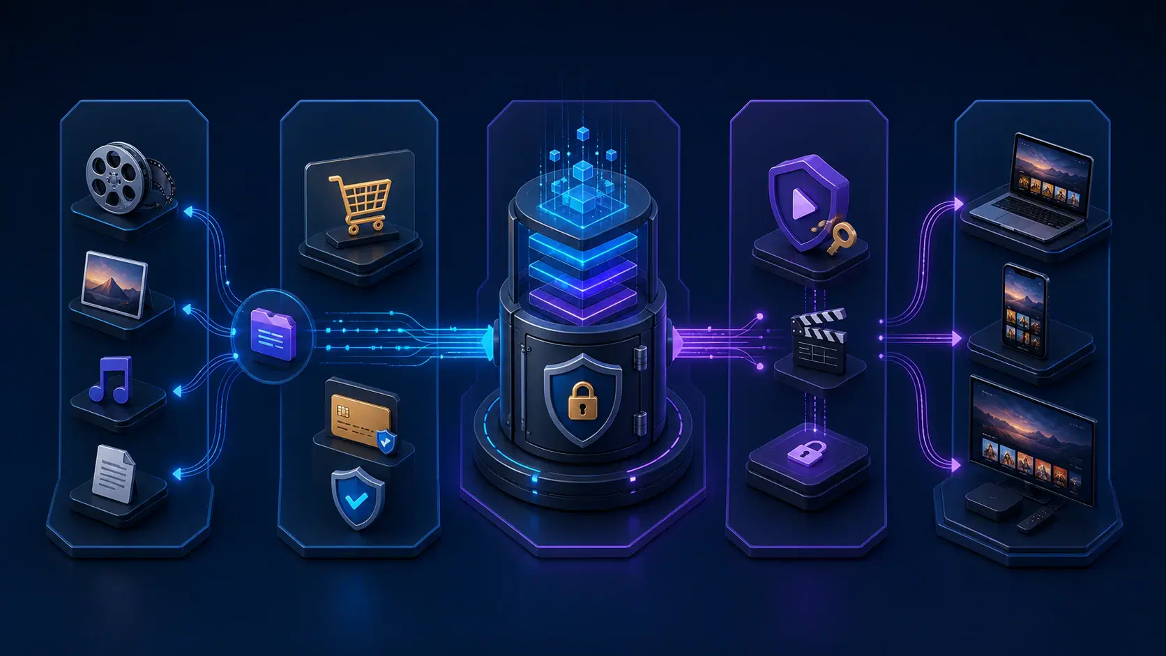 An EST platform architecture linking rights, commerce, entitlements, DRM, and playback