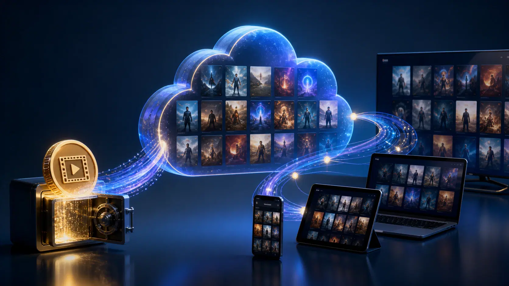 A digital media library connecting purchases, secure playback, and viewer devices
