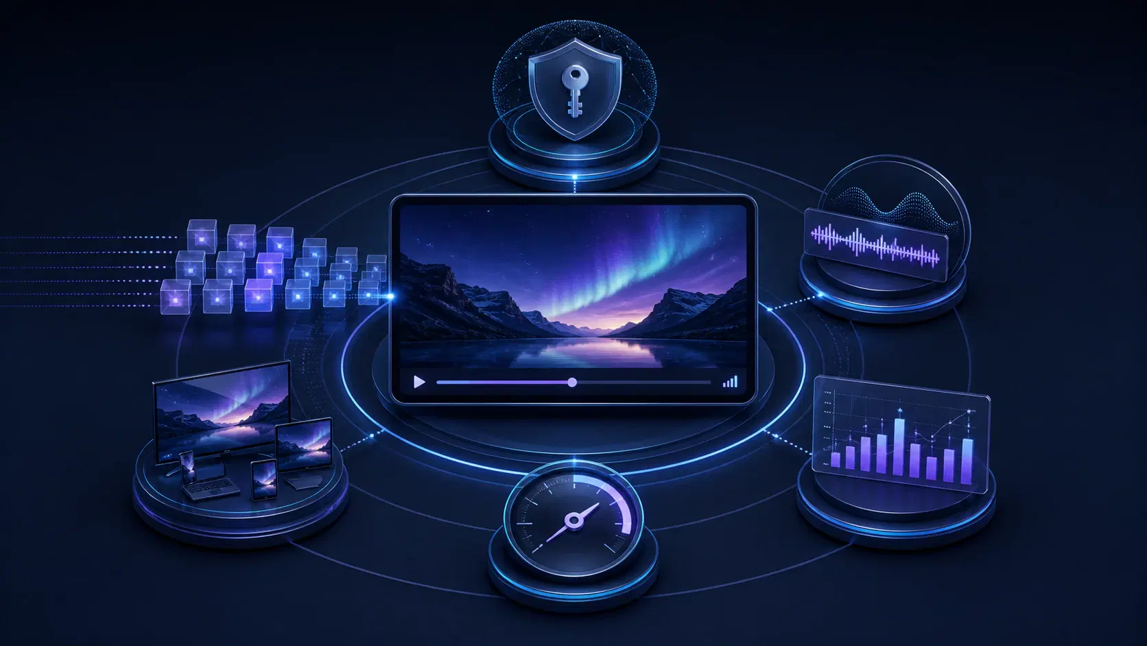 A live player solution stack showing protocol, security, accessibility, and analytics layers