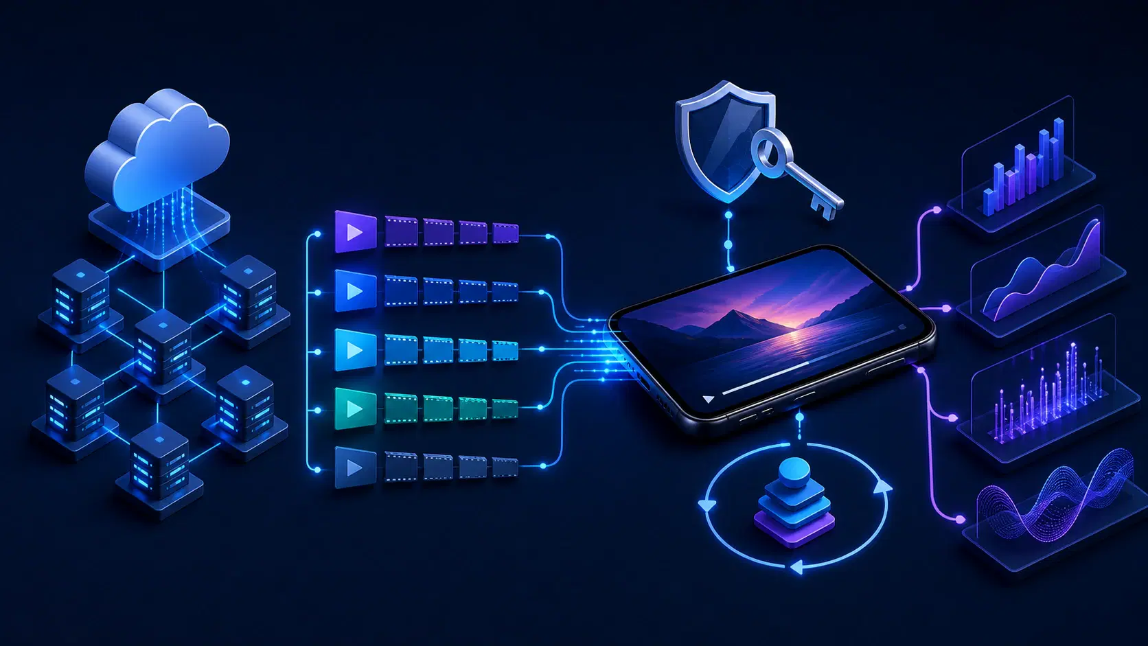 Adaptive delivery, Widevine, lifecycle, and analytics feeding an Android Media3 player