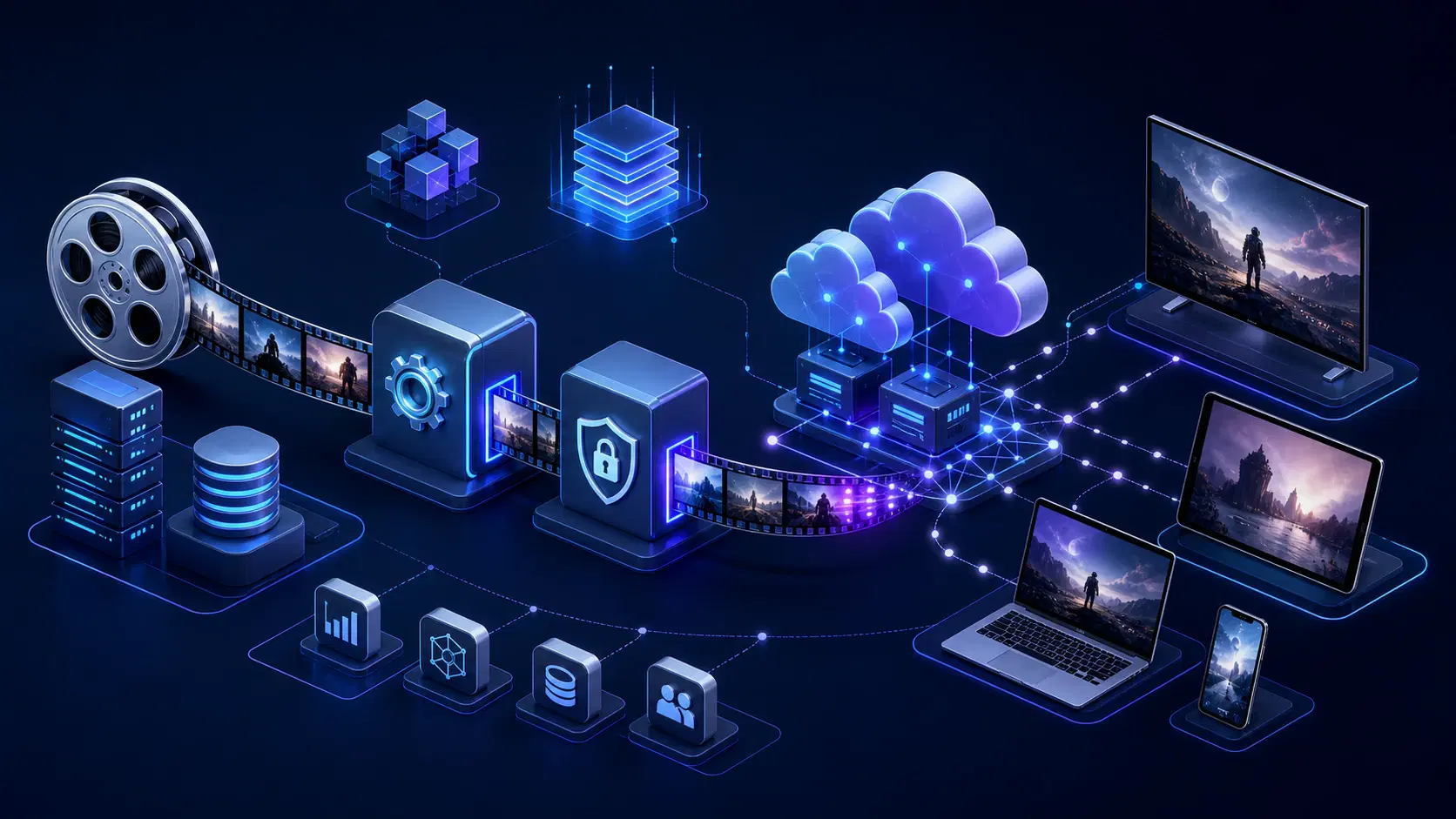 Streaming platform architecture connecting content, security, cloud delivery, and viewer devices