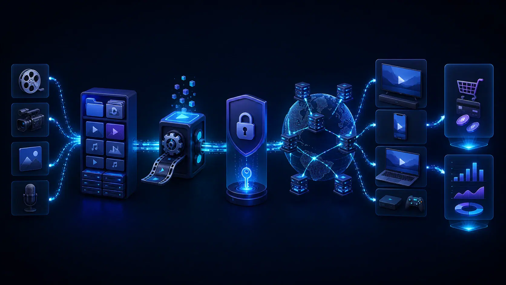 OTT workflow connecting content management, encoding, security, CDN delivery, apps, monetization, and analytics
