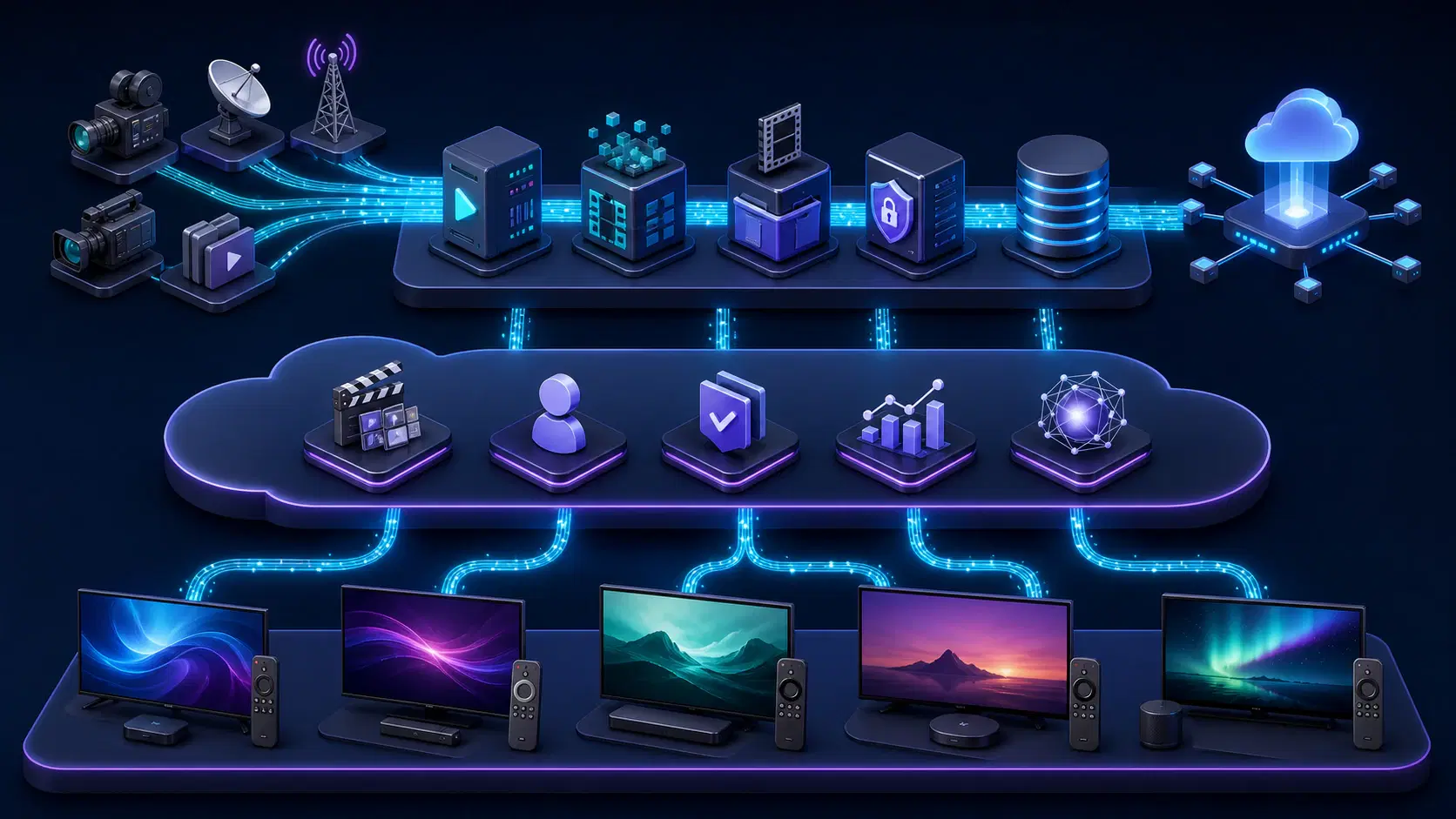 Layered smart cloud TV architecture from media ingest through cloud services to television clients