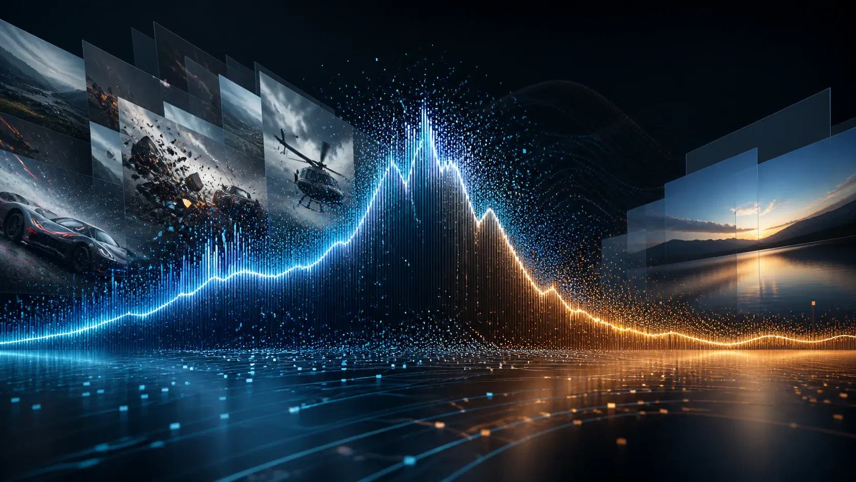 Abstract bitrate waveform rising for complex video scenes and falling for simple scenes