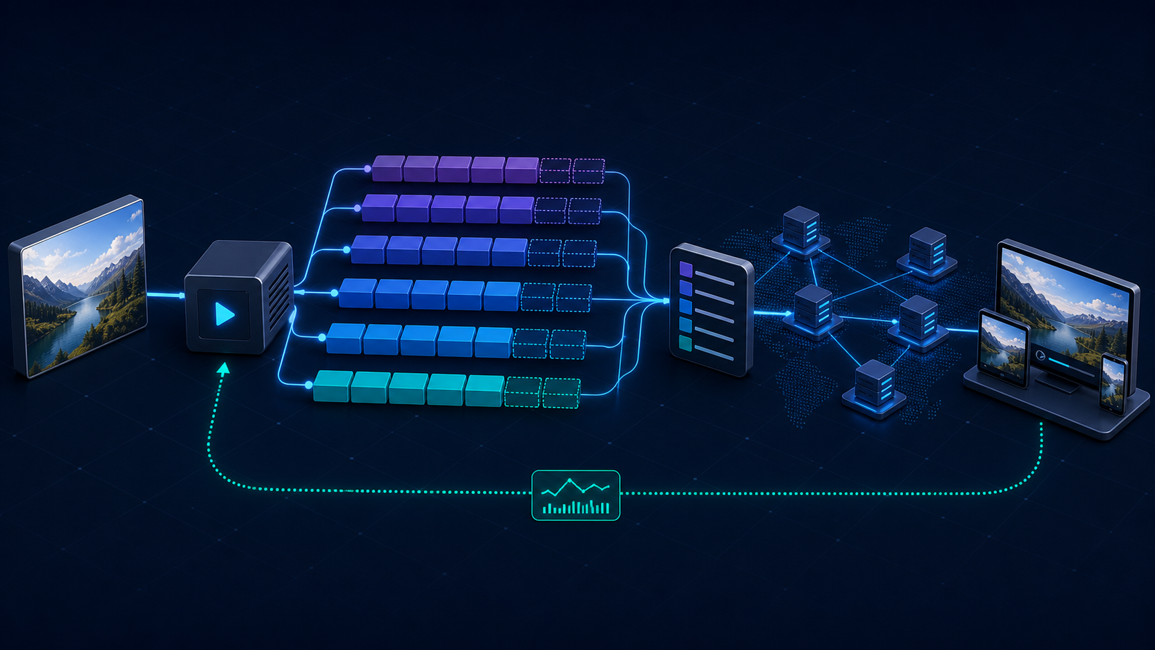 Streaming workflow showing aligned renditions, manifests, CDN delivery, and player feedback