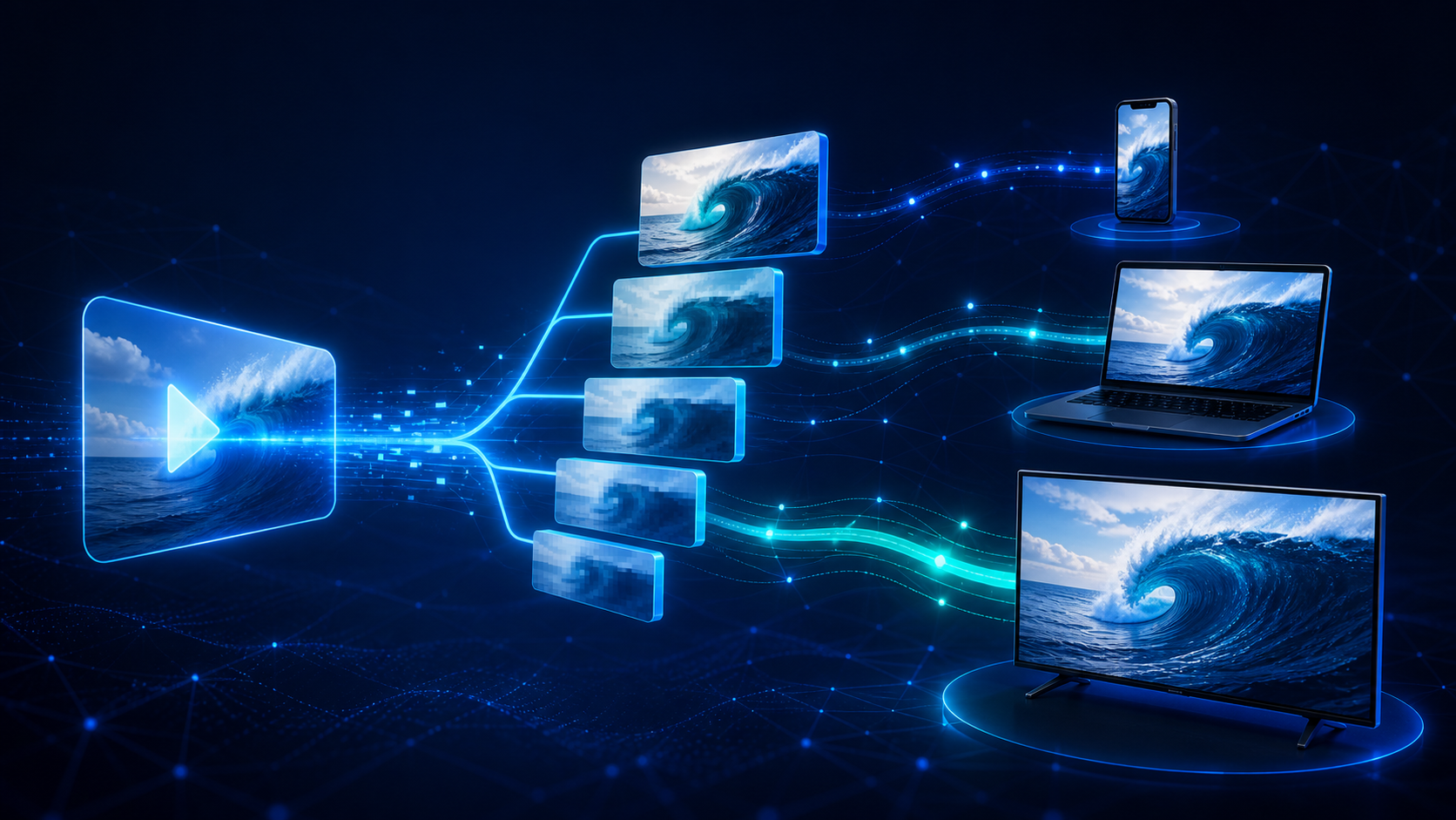 Abstract streaming ladder flowing from one video source to multiple device-ready quality levels