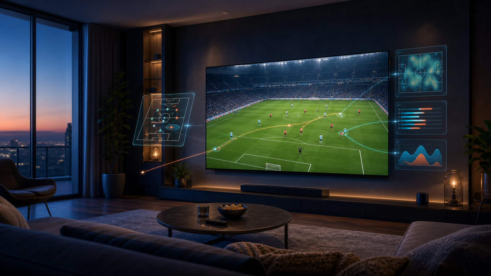 Living room television with optional augmented sports graphics extending into the room