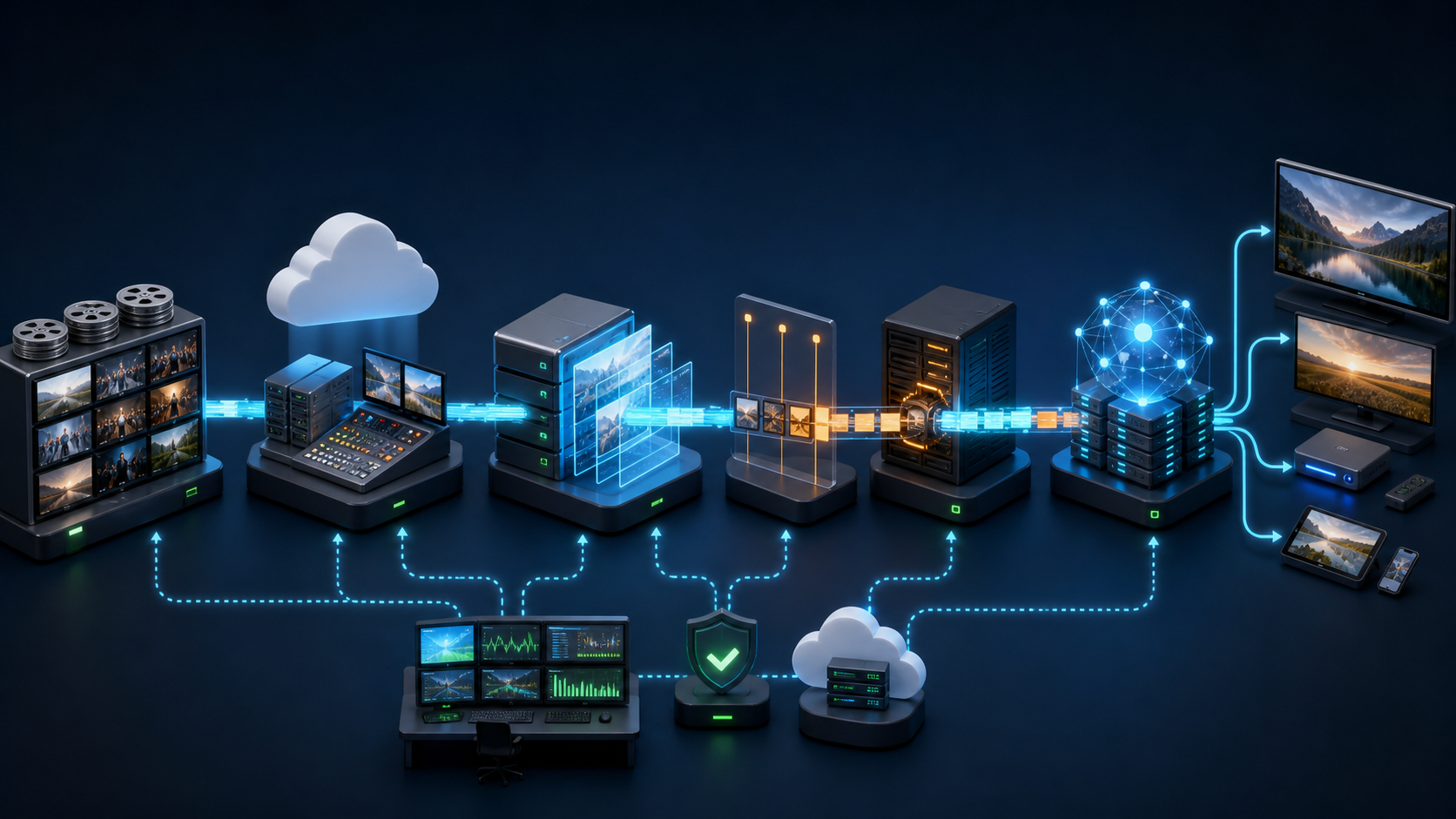 End-to-end FAST channel architecture from media library through playout, SSAI, CDN, monitoring, and TVs