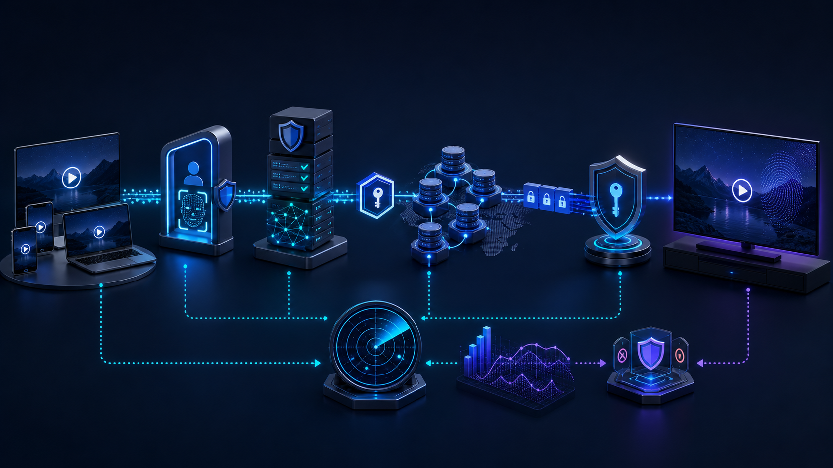 Secure video workflow from entitlement and token checks to DRM licensing, watermarking, and monitoring