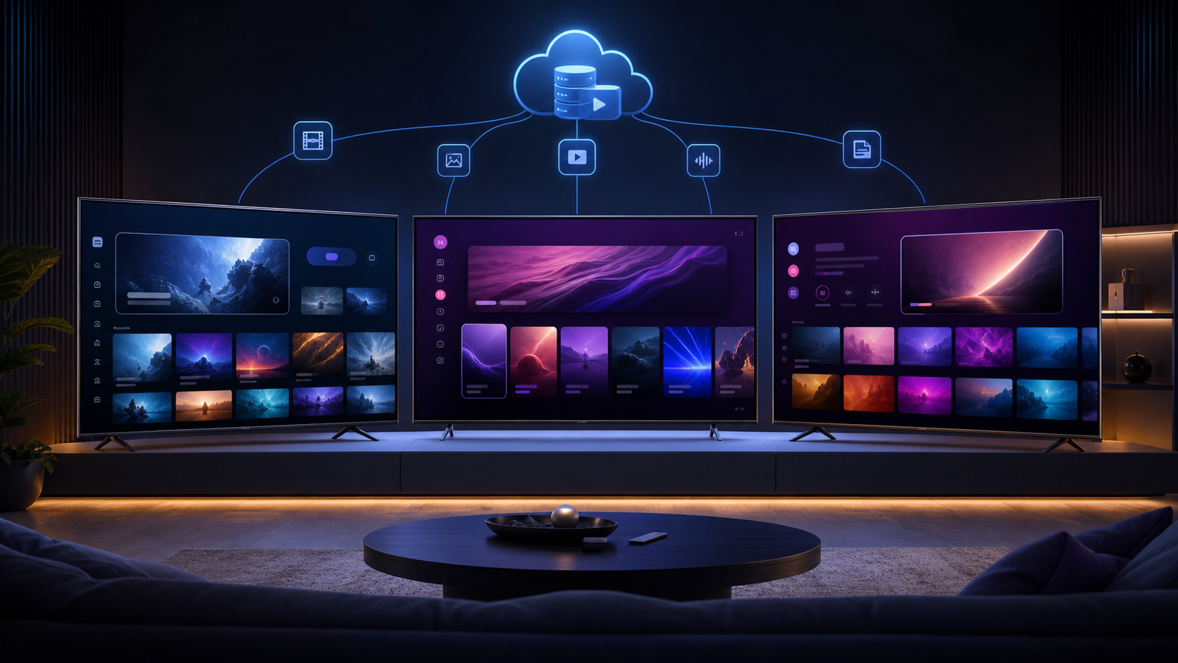 Three smart TVs connected to a shared cloud video platform