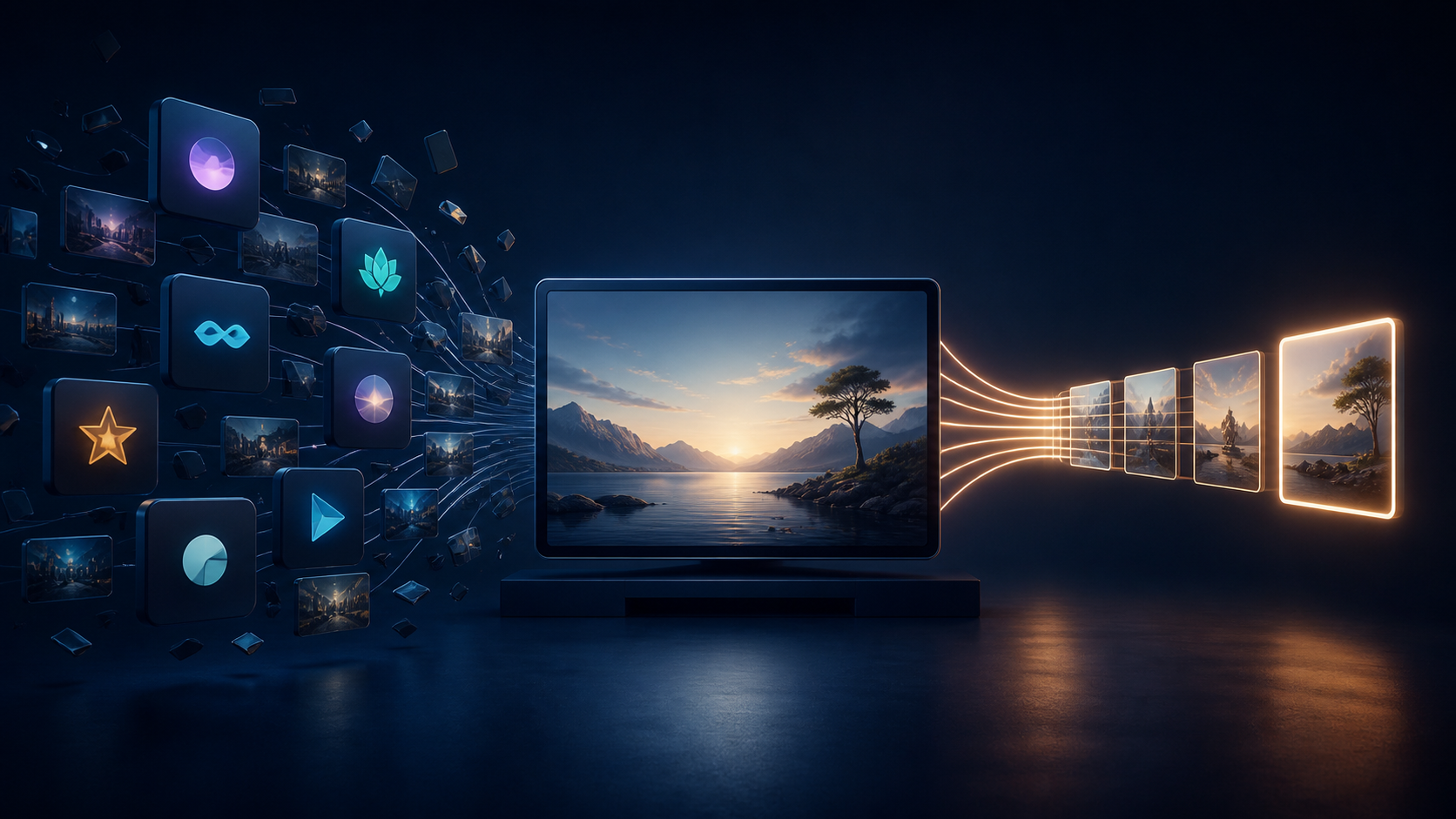 Scattered streaming tiles converging into one clear viewing path on a television