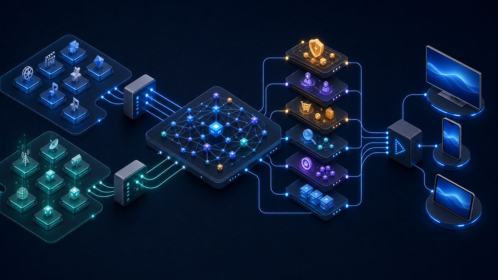 Super aggregation architecture linking partner catalogs, metadata, entitlements, commerce, discovery, and playback