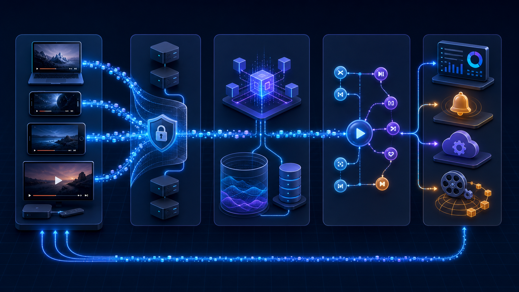 A layered analytics pipeline from OTT players through event processing to dashboards and automated actions