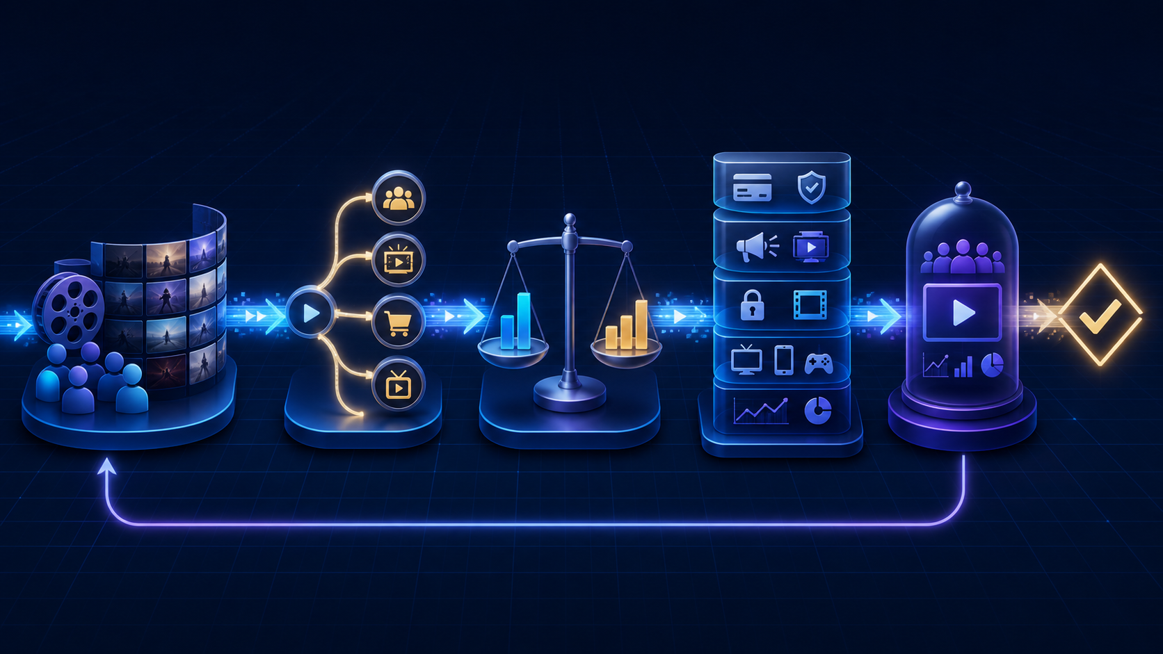 A decision workflow moving from audience and content through economics, platform capabilities, and a controlled pilot