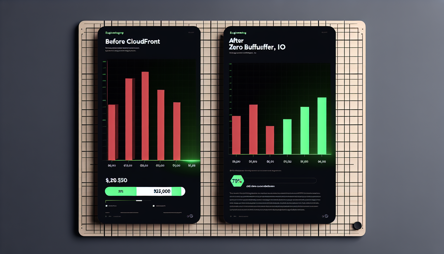 Before/after bar chart showing 70% CDN cost reduction: CloudFront $272K vs ZeroBuffer.io $82K on dark engineering dashboard